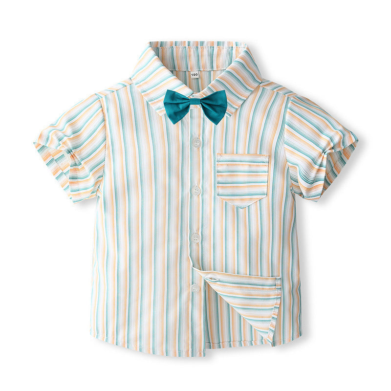 Black and white striped long-sleeve shirt with a small embroidered logo on the chest